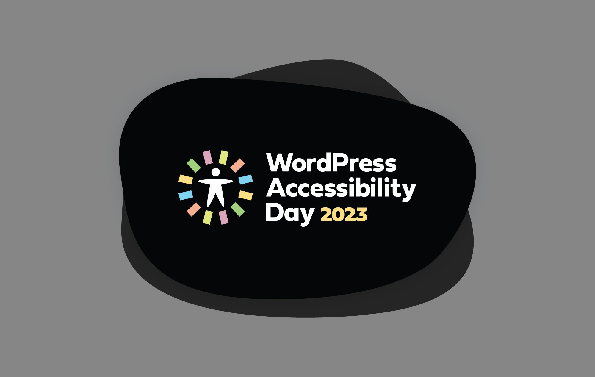 The WordPress Accessibility Day 2023 logo over a black and gray background.