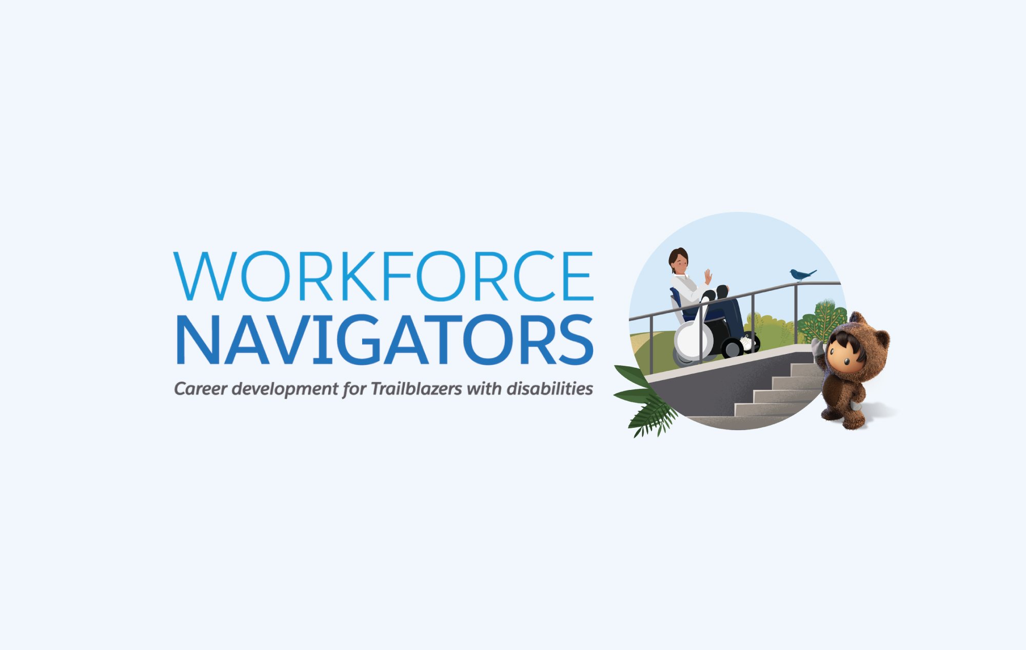 Workforce Navigators text with Salesforce character graphics on the right.